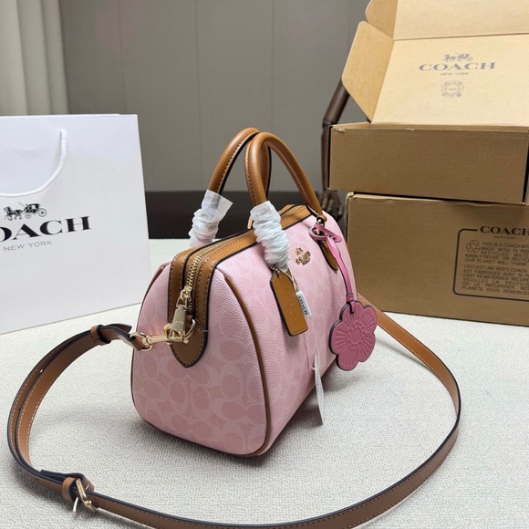 🍓Coach Medium Rowan Satchel In Signature Canvas Powder Pink With Charms - Picture 3 of 9